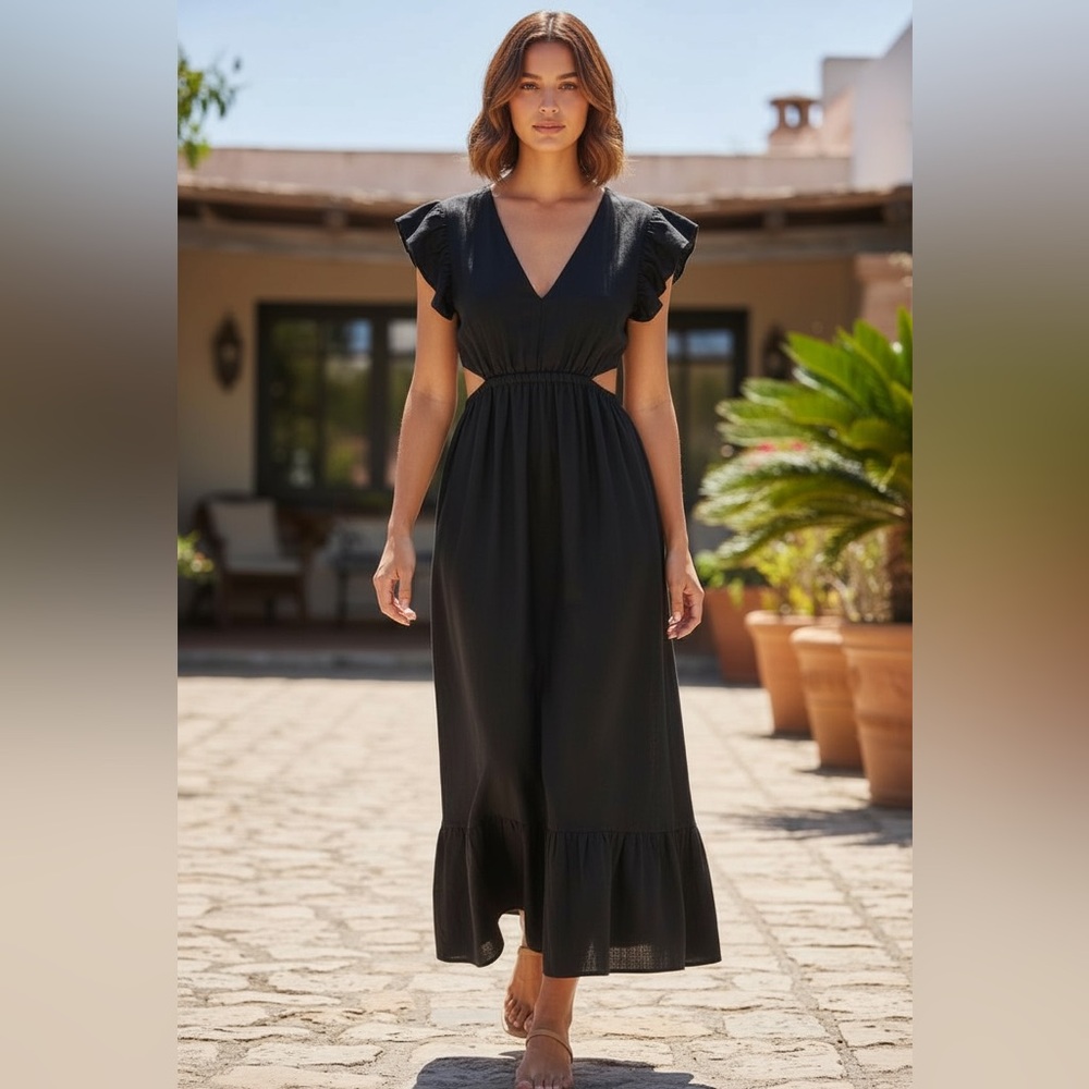 Marie Oliver Verana Dress Size 10 Black Linen Cut Out Waist Ruffled Sleeves New